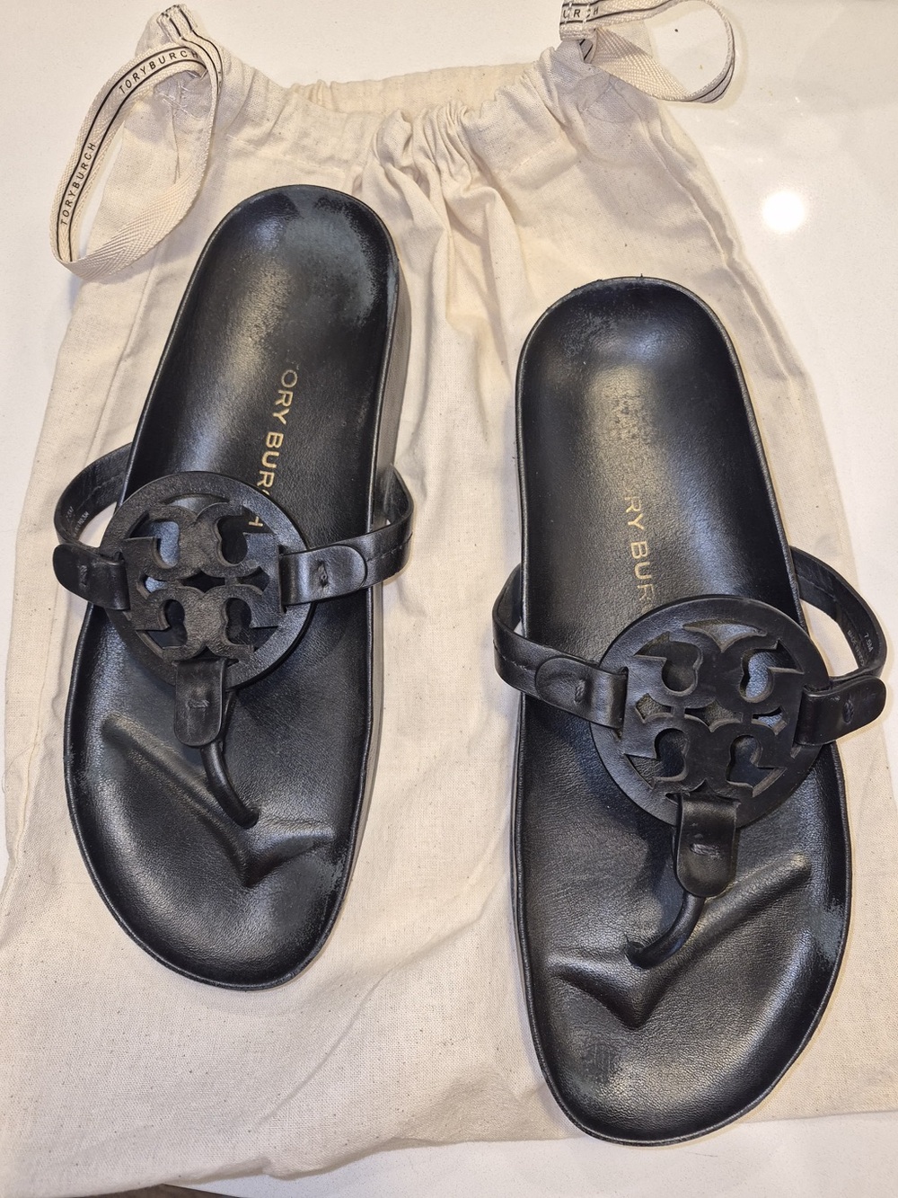 Tory Burch Miller Black Leather Thong Sandals size 7.5